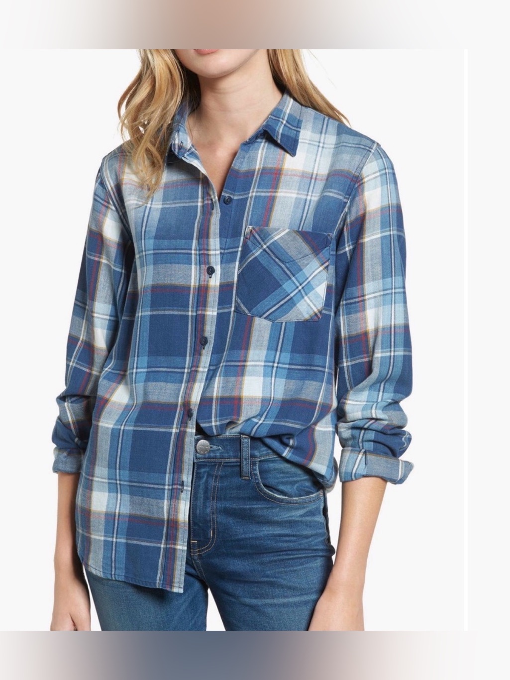 Current/Elliott The Plaid Boyfriend Shirt 0 19” P2p Blue Multi $268 Retail Euc